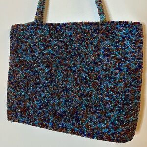 🍒 Hand-Beaded Multicolor Mini Shoulder Bag | Blue Satin Lined | Zipper Closure